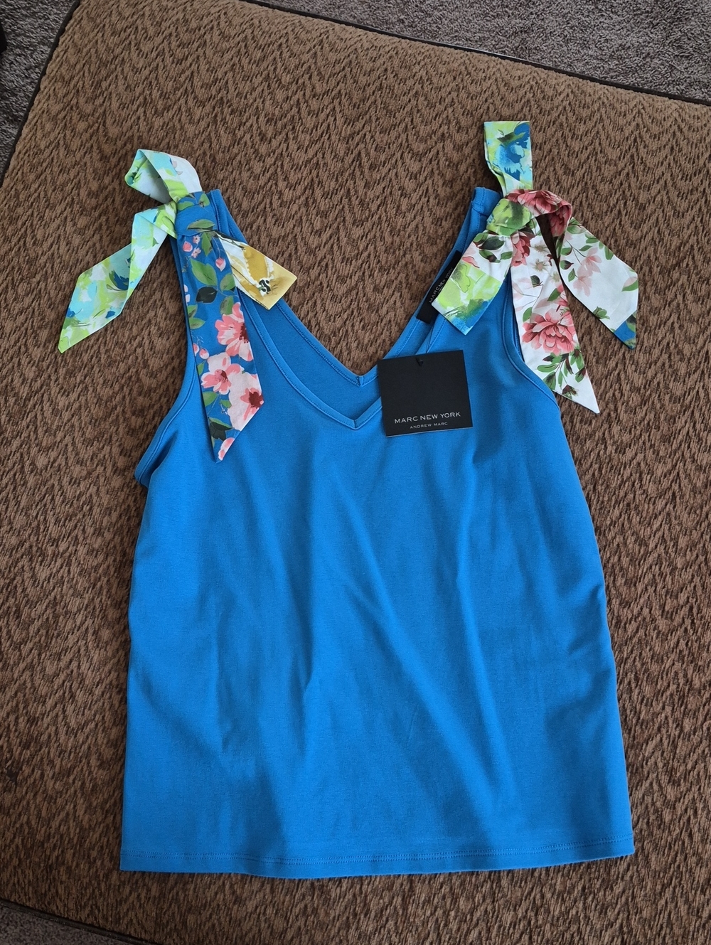 Marc New York Bright Blue V-Neck Tank with Floral Tie Straps